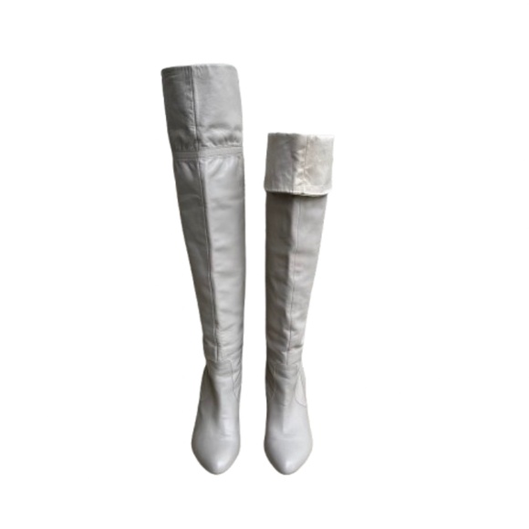 Marc Fisher Women's 7.5M Off White Ivory Leather Heeled Pointed Knee High Boots - Picture 1 of 16